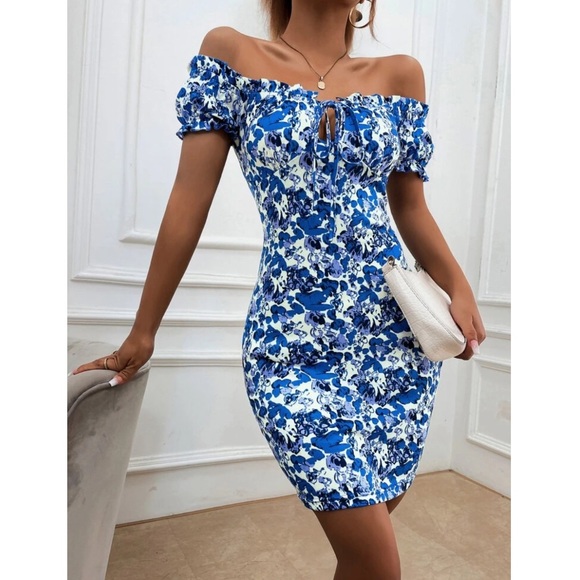 Boho Blue & White Off Shoulder Bodycon Dress - Picture 4 of 5